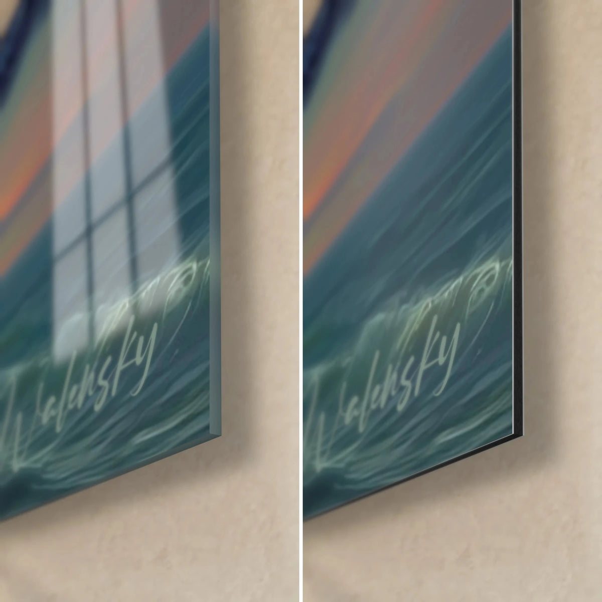 Gemälde gelbes Herrenhaus und wirbelnde Wolken in Blaugrün, unten rechts: glänzendes Acrylglas, das das Fenster spiegelt, mattes Dibond-Aluminium, 3 mm Kantenstärke