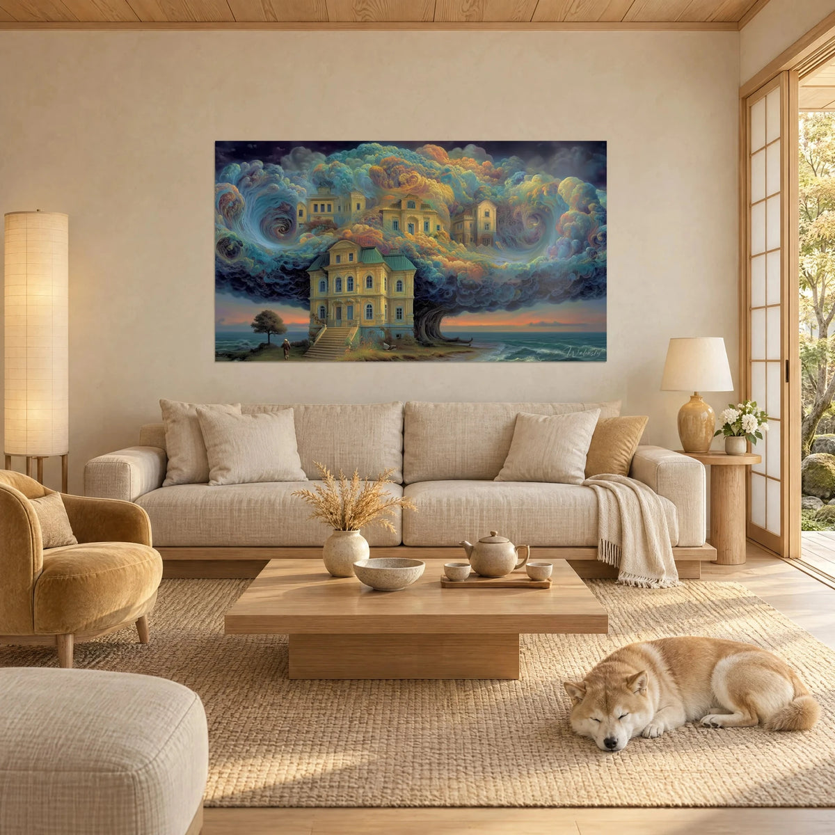 Gemälde Haus in Gelb mit grünem Dach auf einem Wolkenbaum in Blau und Ocker, Meer in der Dämmerung, liegender Shiba, über einem Sofa in einem hellen Wohnzimmer