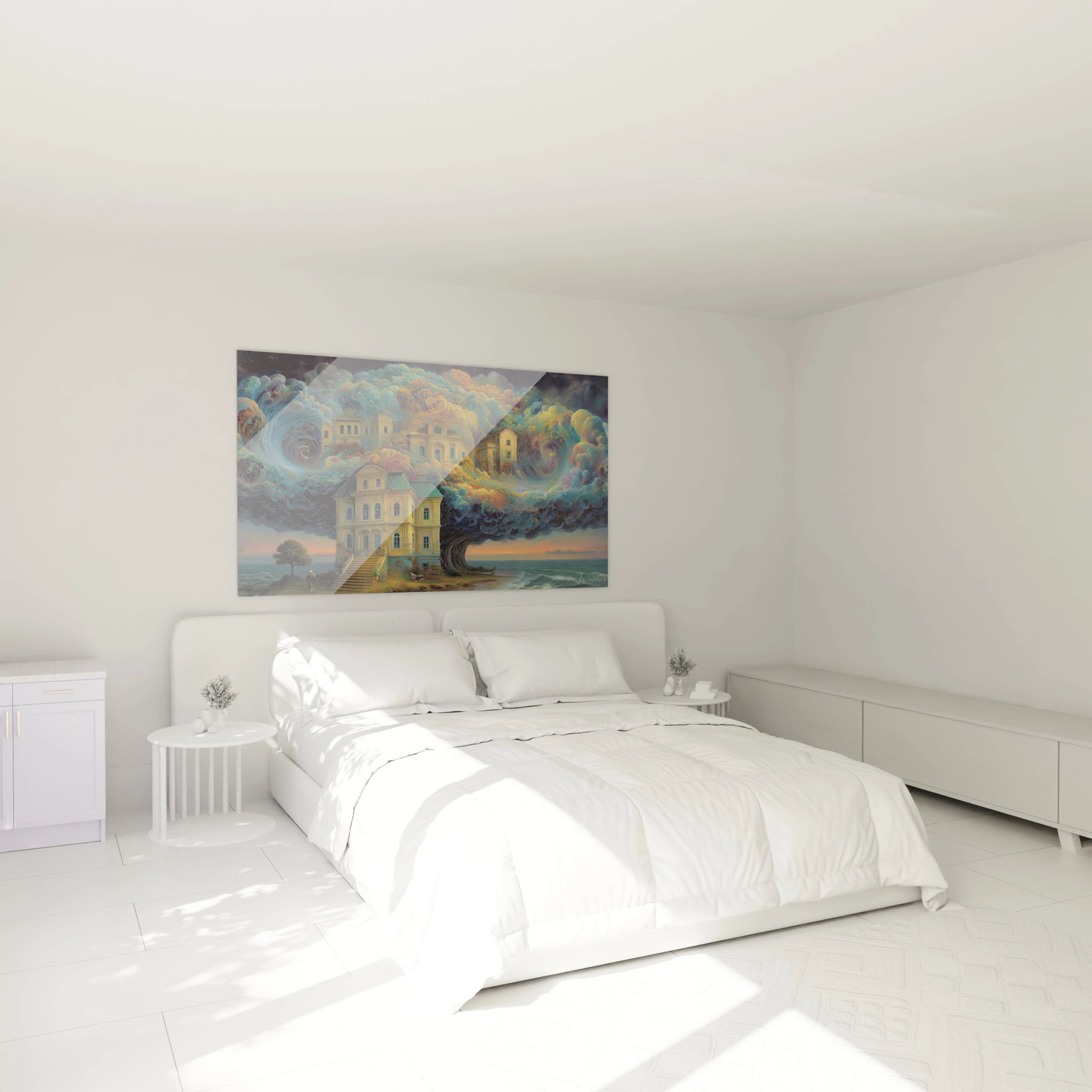 Tableau mural Walensky tableau surréaliste architecture représentant manoir dans les nuages au dessus d un lit blanc minimaliste