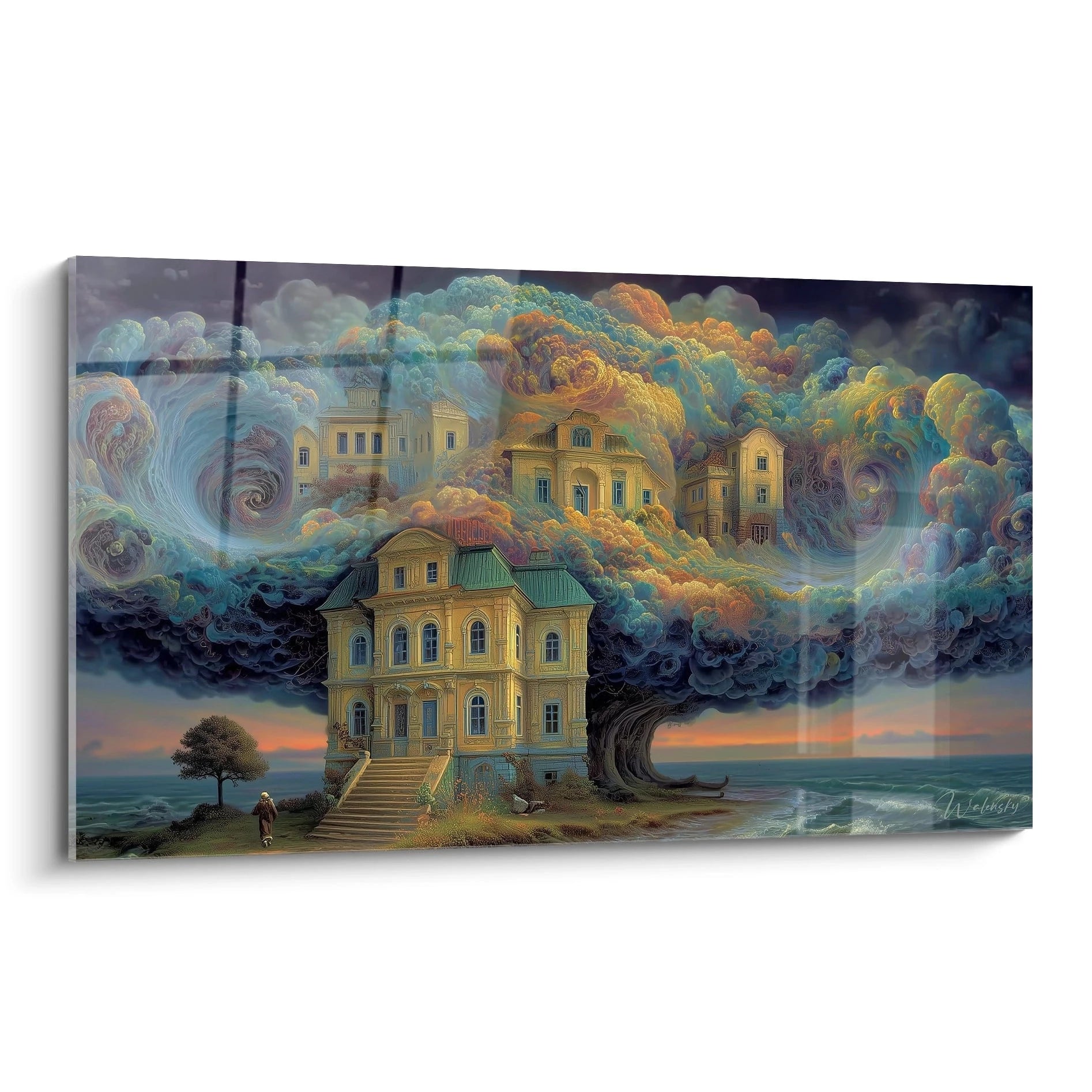 tableau surréaliste architecture maison victorienne sur un arbre géant dont la cime nuageuse abrite des maisons au bord de la mer