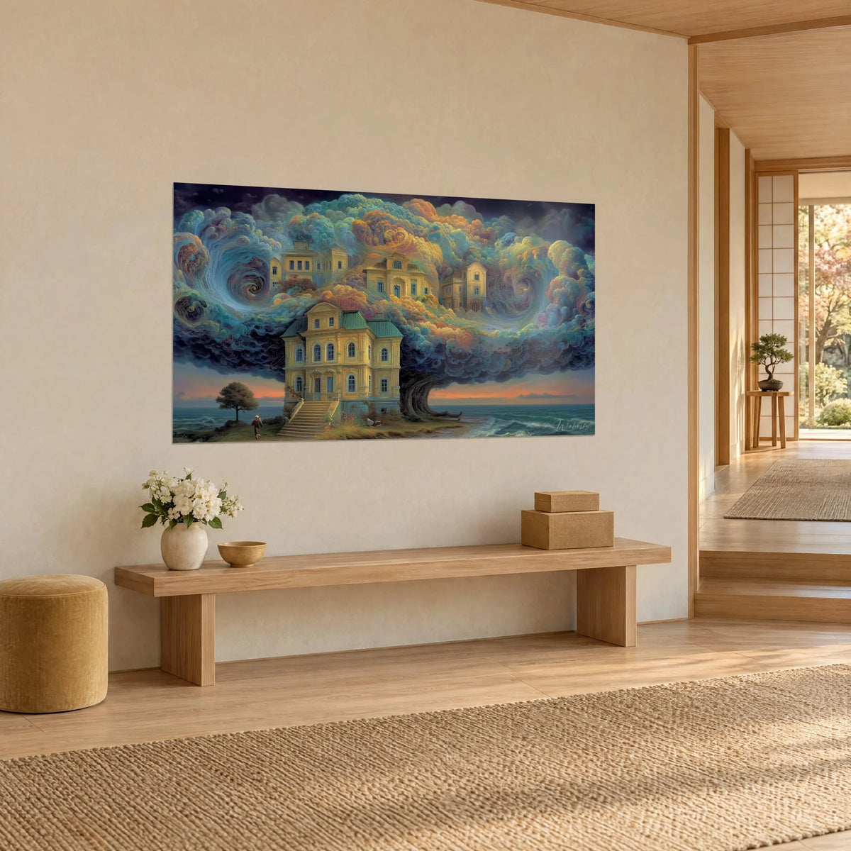 Gemälde ockerfarbene Villa mit Türmchen, die aus einem Himmel aus türkisfarbenen und orangefarbenen Wirbeln aufragt, Steintreppe, dreiviertel Ansicht an einer cremefarbenen Wand