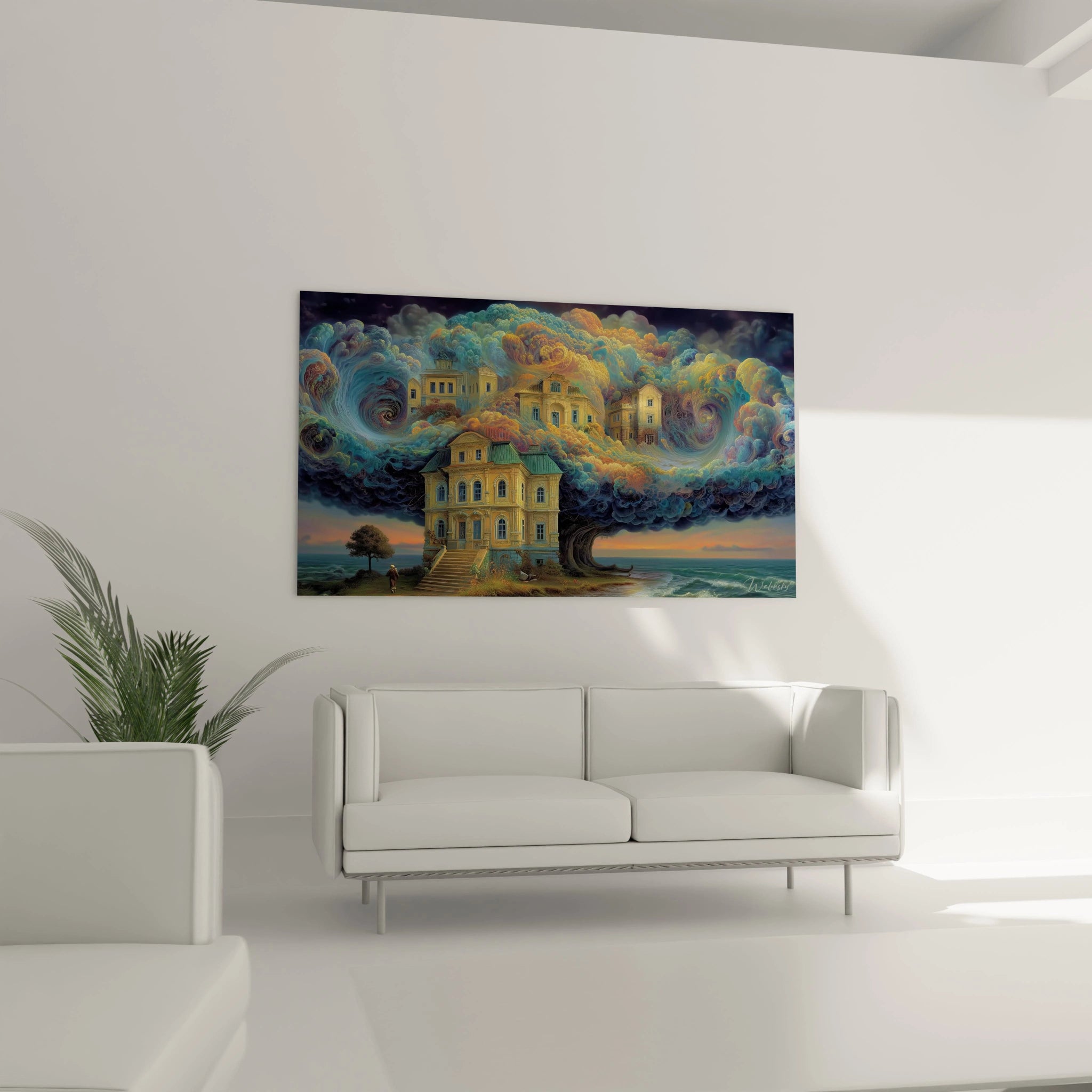 Walensky tableau surréaliste architecture accroché au mur d un salon minimaliste montrant maison onirique et nuages tourbillonnants