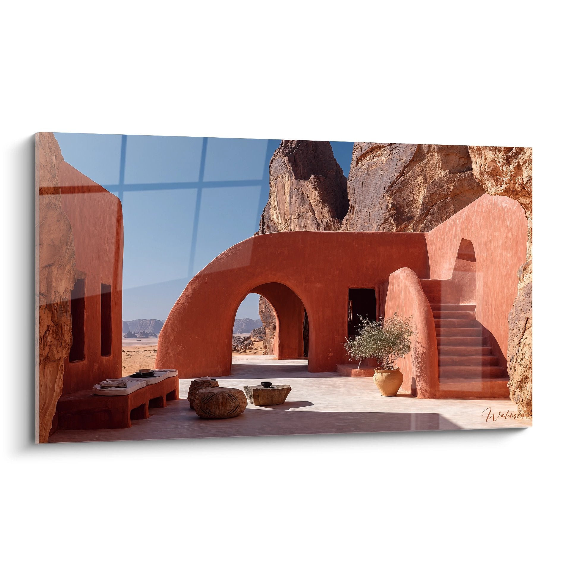 Tableau mural architecture désertique rouge avec habitat troglodytique moderne intégré dans roches naturelles