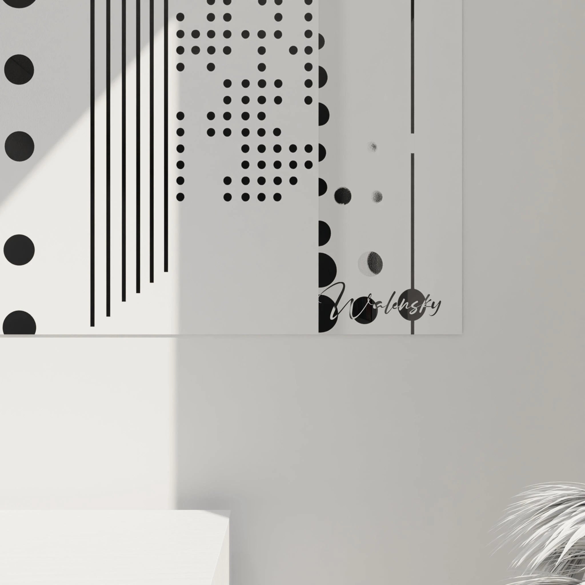 Tableau tacheté noir et blanc de Walensky avec des motifs géométriques modernes