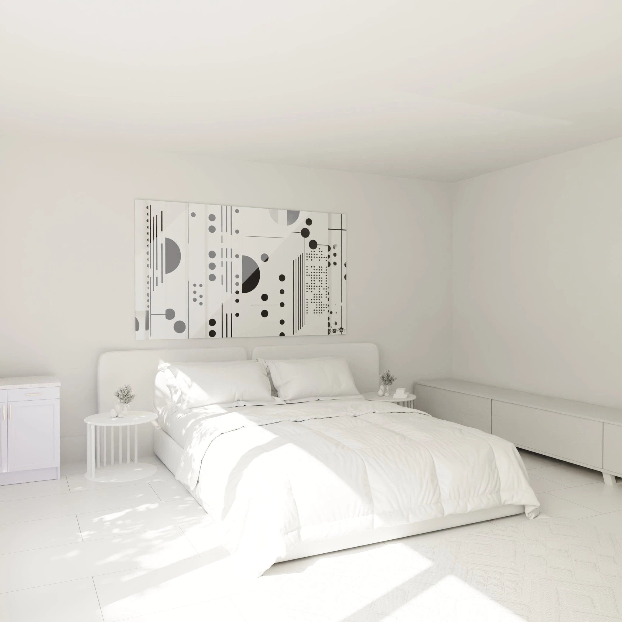 Tableau tacheté noir et blanc de Walensky décorant une chambre moderne et minimaliste