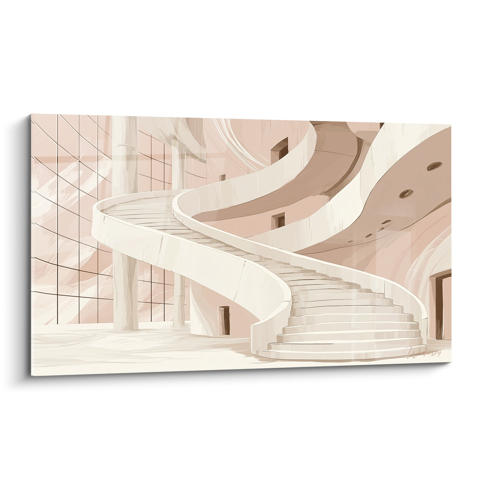 Escalier blanc sculpté en spirale sur fond rose poudré et beige, œuvre d'architecture épurée