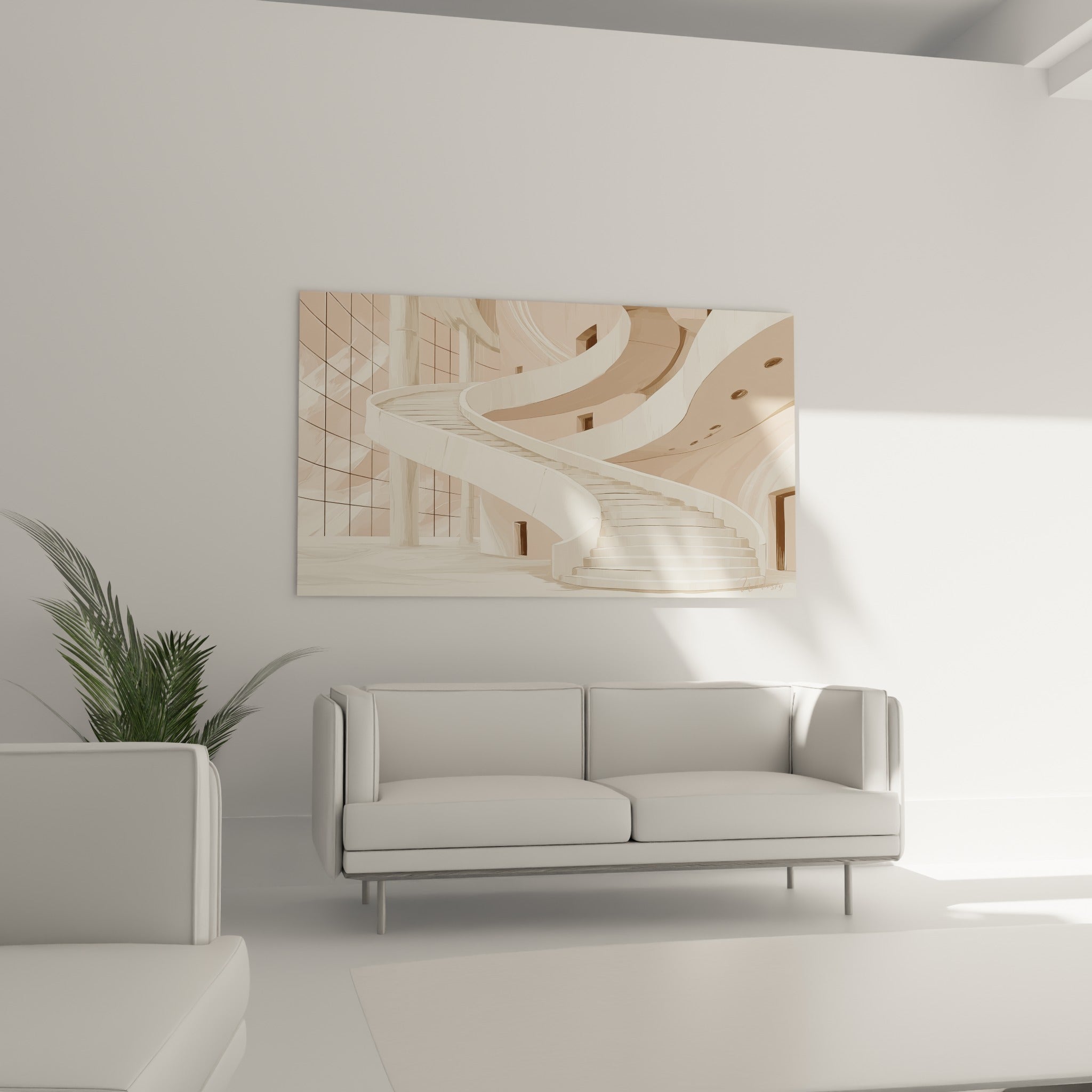 Courbes blanches et roses d'un escalier architectural, disposées au-dessus d'un canapé dans un salon lumineux