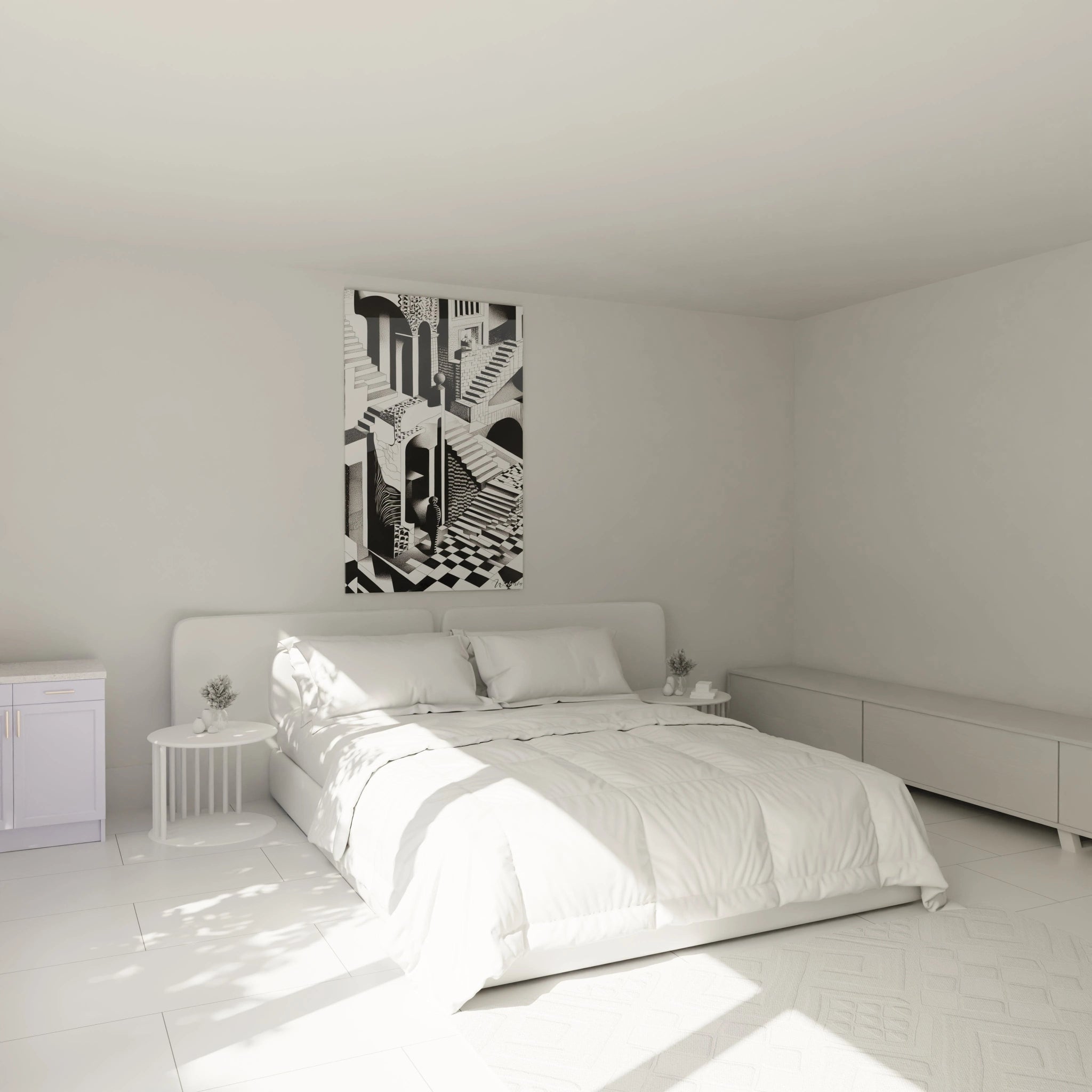 Tableau trompe l'oeil en noir et blanc de Walensky avec motifs architecturaux accroché au-dessus d'un lit blanc moderne