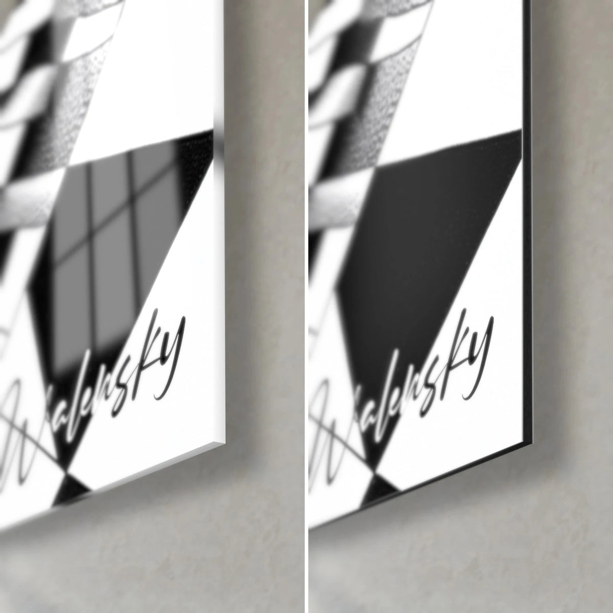 Tableau architecture en trompe-l'œil noir et blanc, coin bas droit, verre brillant aux reflets à gauche, Dibond mat à droite, tranche de 3 mm