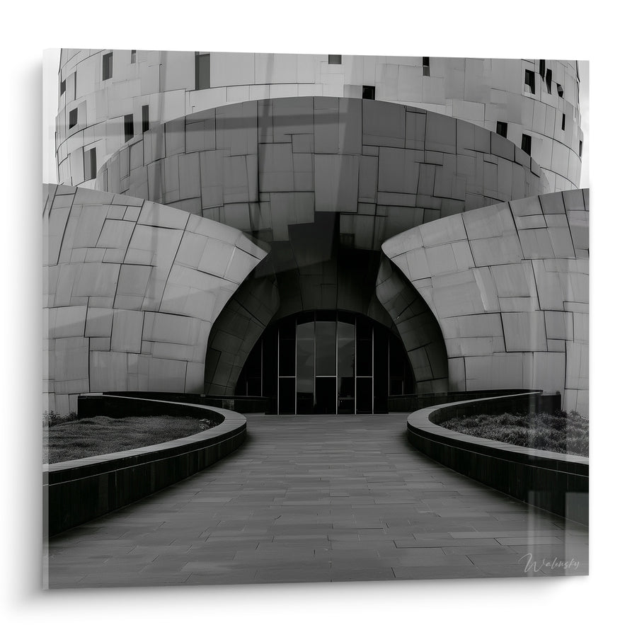 Gemälde Gebäude grau und schwarz mit futuristischer Bogenarchitektur – Mystische Schwelle – Architektur-Edition