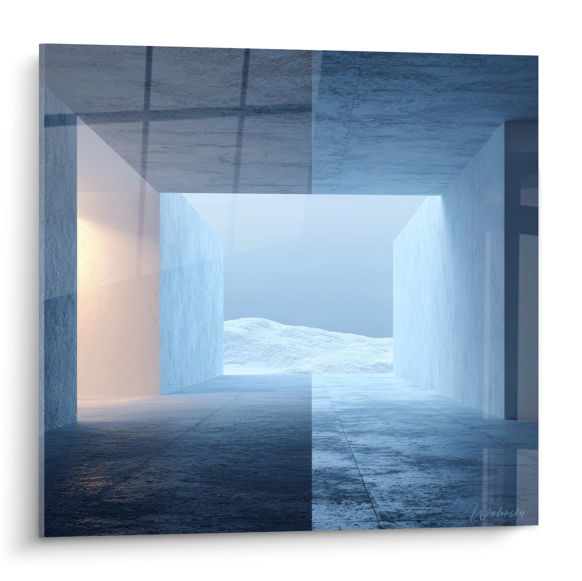 Tableau mural architecture futuriste avec passages lumineux bleus et structures modernes contemporaines