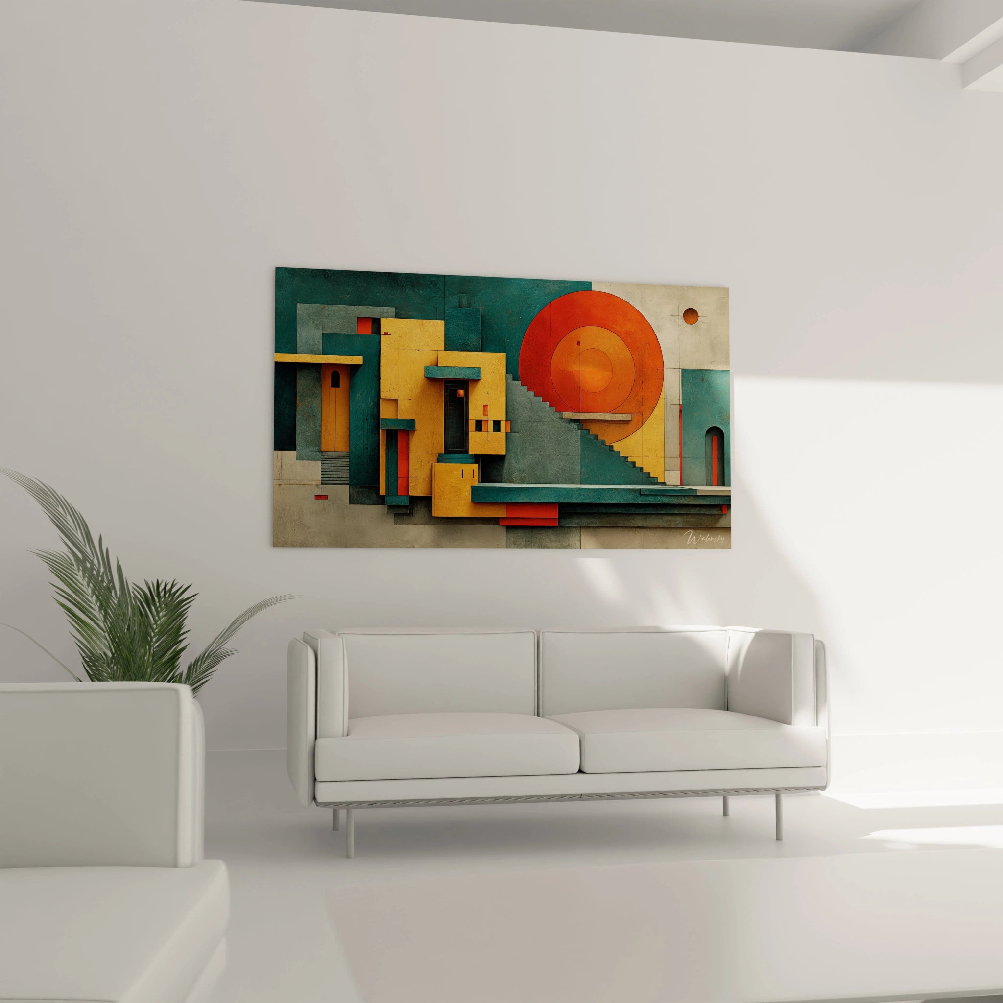 Walensky tableau mural architecture géométrique avec formes cubiques et couleurs orange jaune turquoise