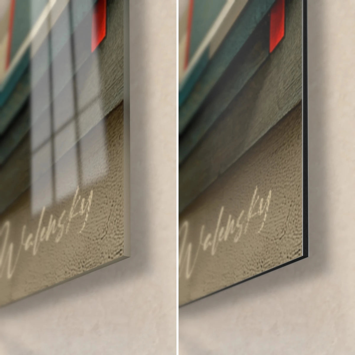 Gemälde mit Bauhaus-Architektur, untere rechte Ecke: glänzendes Glas mit Spiegelung des Fensters, matt graues Alu-Dibond, 3 mm Kante