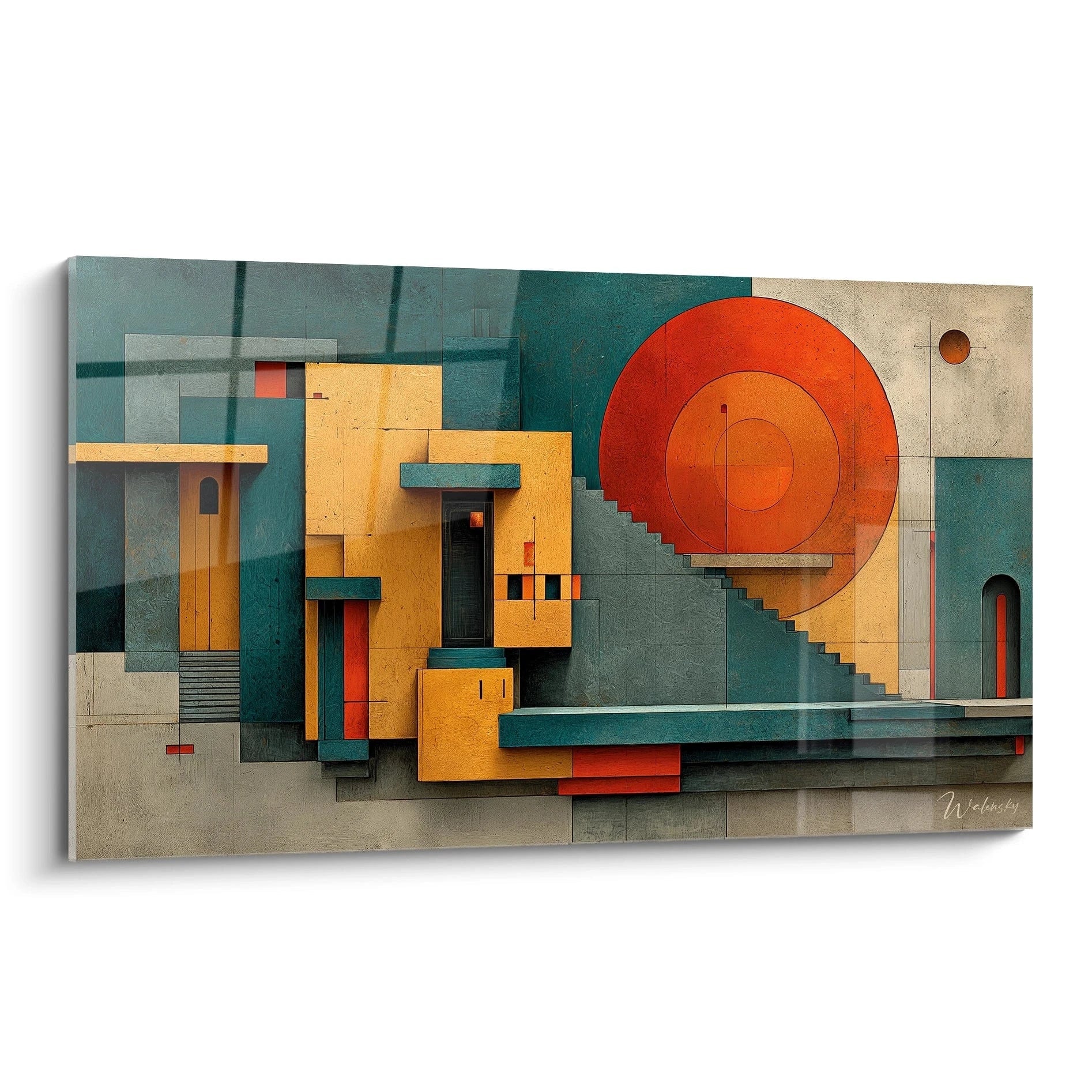 Tableau mural architecture géométrique composition abstraite de volumes jaunes et bleus avec cercle orange et escaliers
