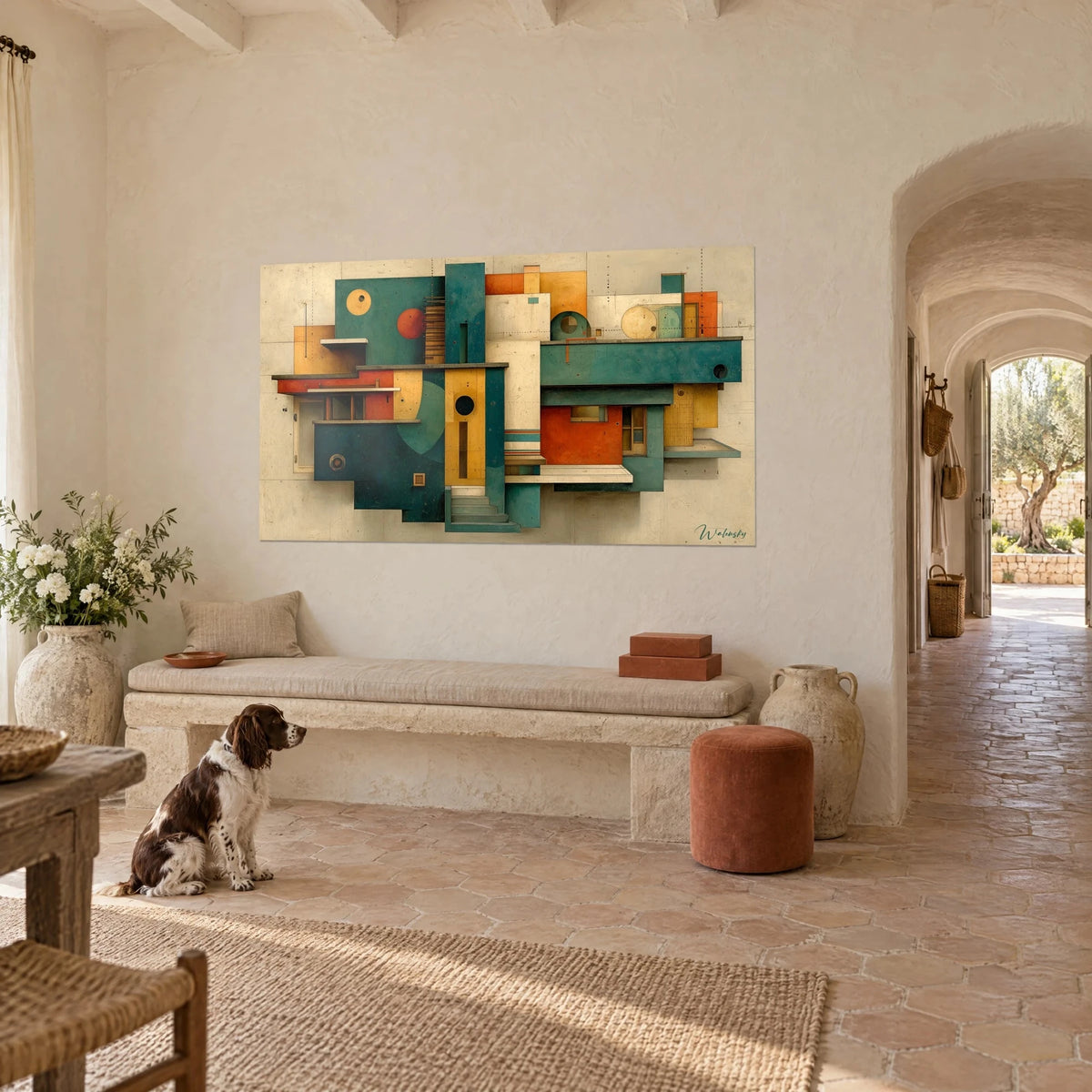 Tableau architecture géométrique aux blocs turquoise et orange brûlé, façade abstraite, près d'un spaniel assis dans un mas provençal