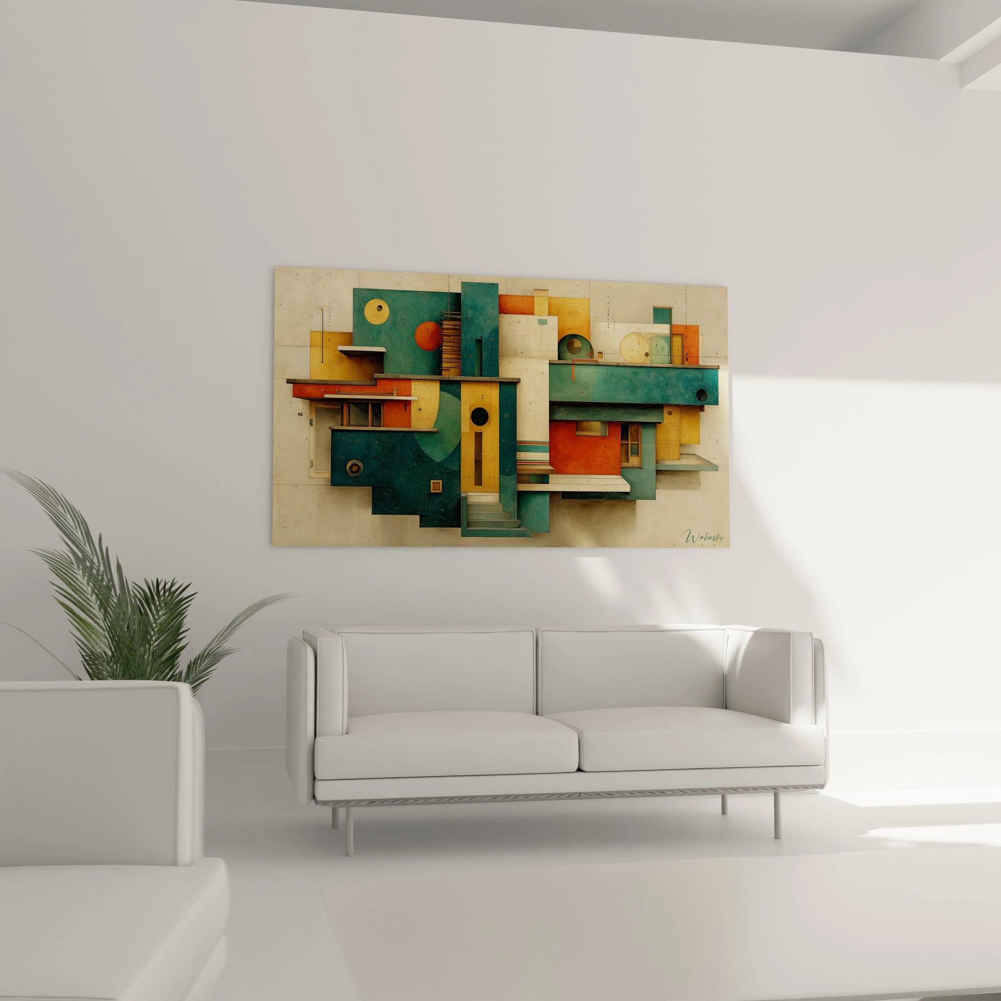 Tableau mural tableau bauhaus géométrique abstrait en bois tons verts jaunes orange suspendu au dessus d un canapé blanc