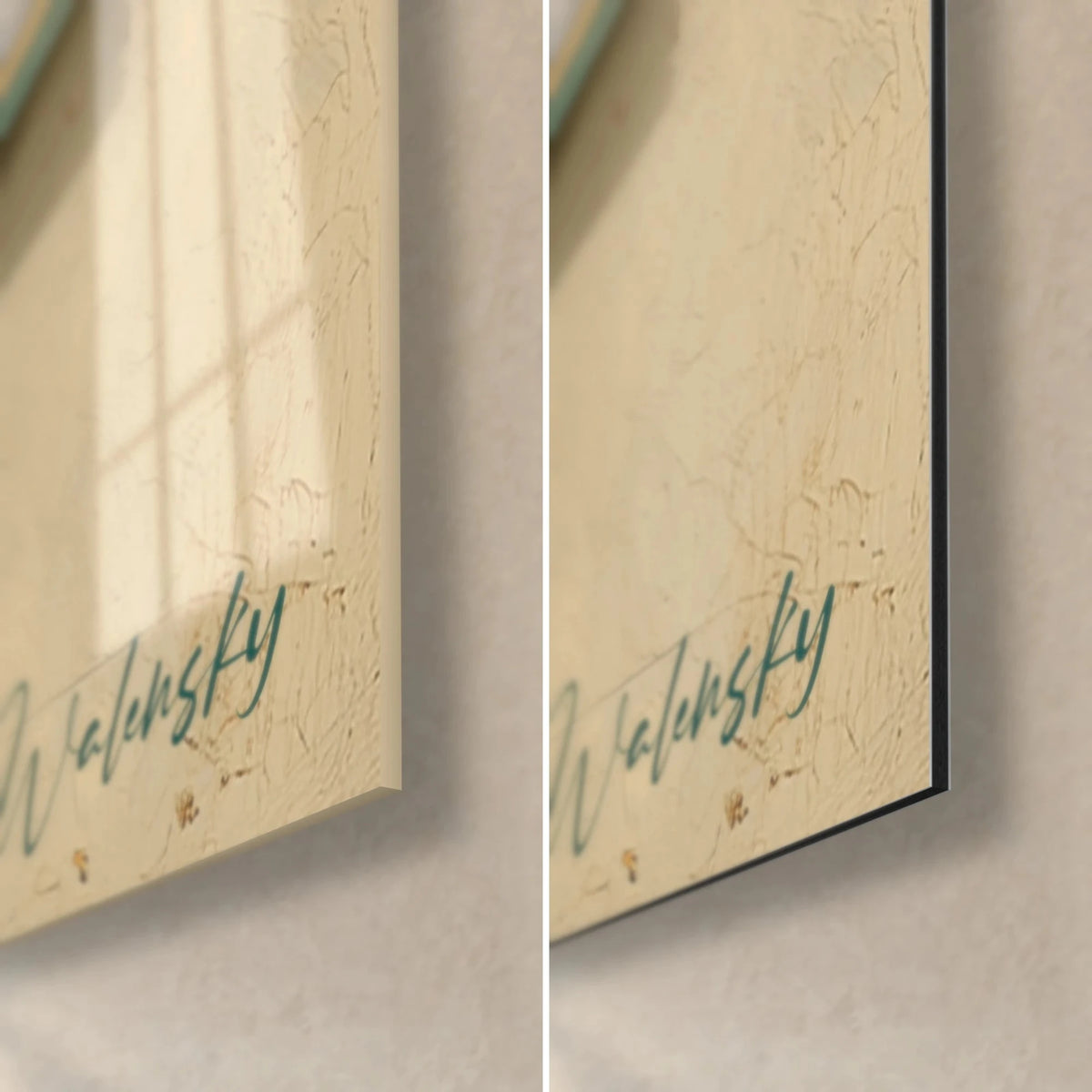 Tableau volumes bauhaus en vert canard et beige, coin bas droit : verre acrylique brillant à gauche, alu Dibond mat à droite, tranche de 3 mm