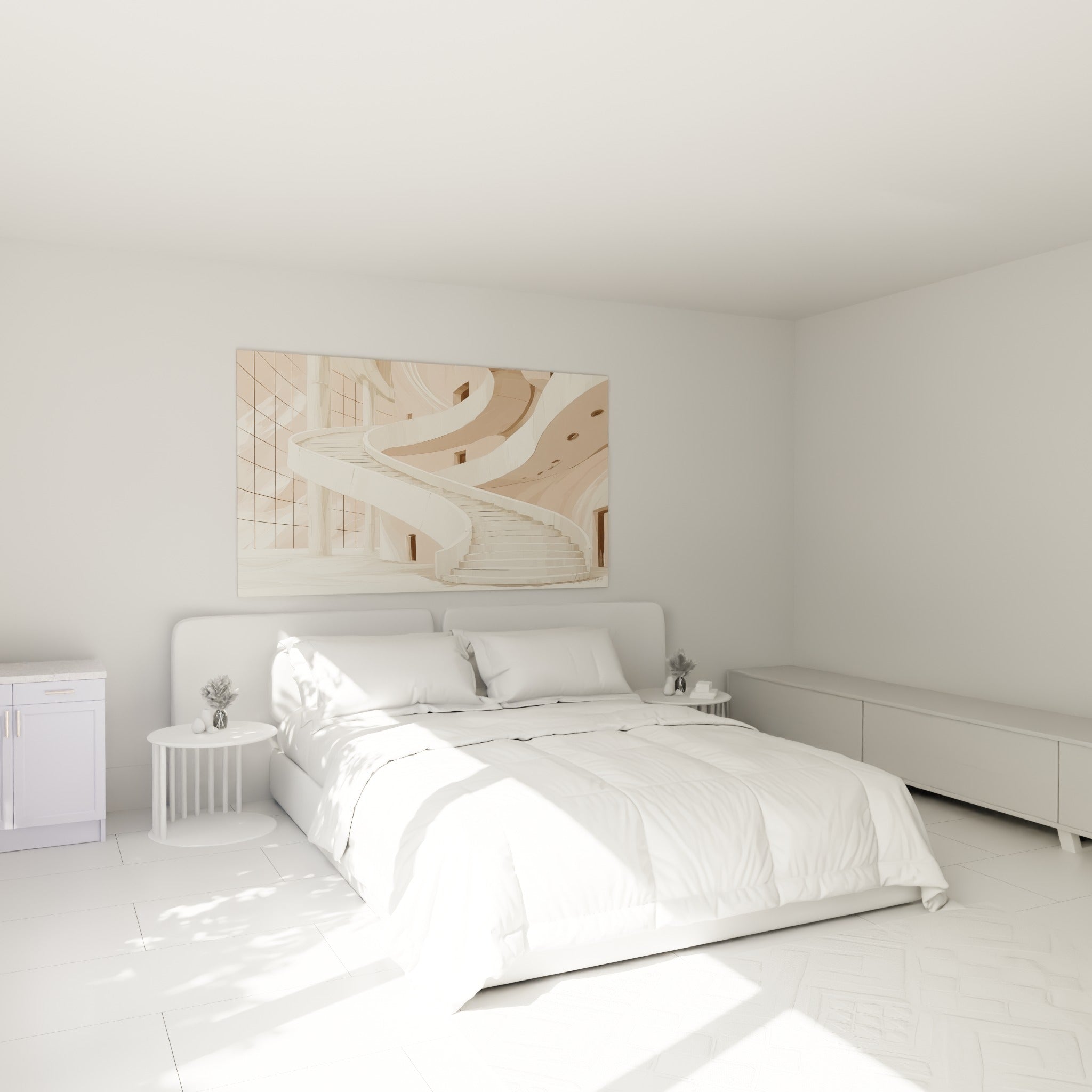 Marches beige et rosées d'un escalier monumental, accrochées au-dessus d'un lit dans une chambre claire