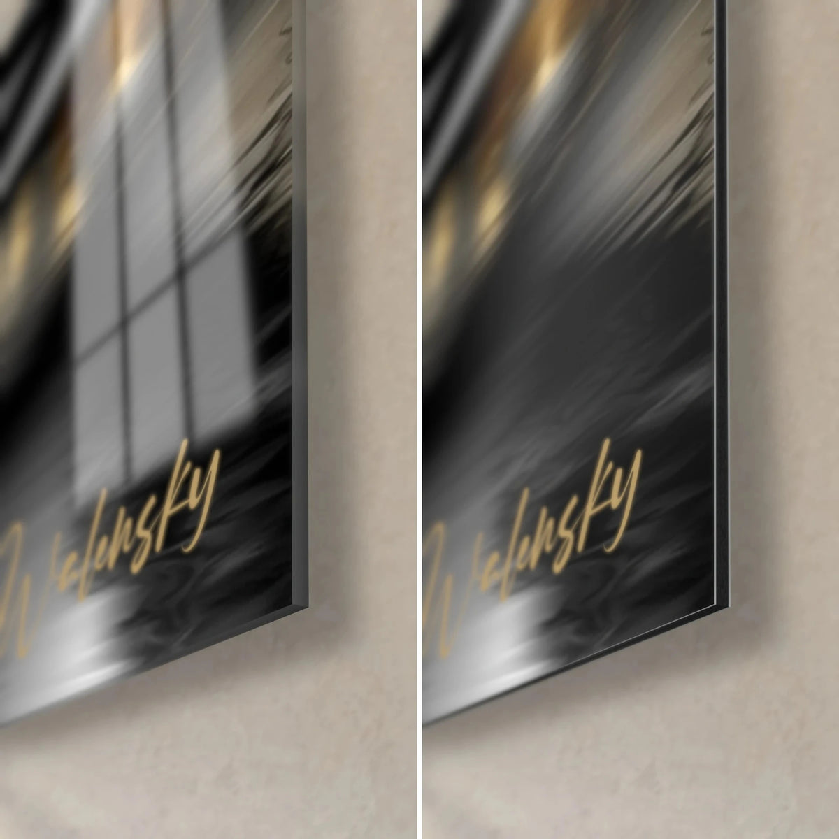 Wall art golden mosque with arabesques, bottom right corner: glossy acrylic glass on the left, matte black Dibond aluminum on the right, 3 mm edge