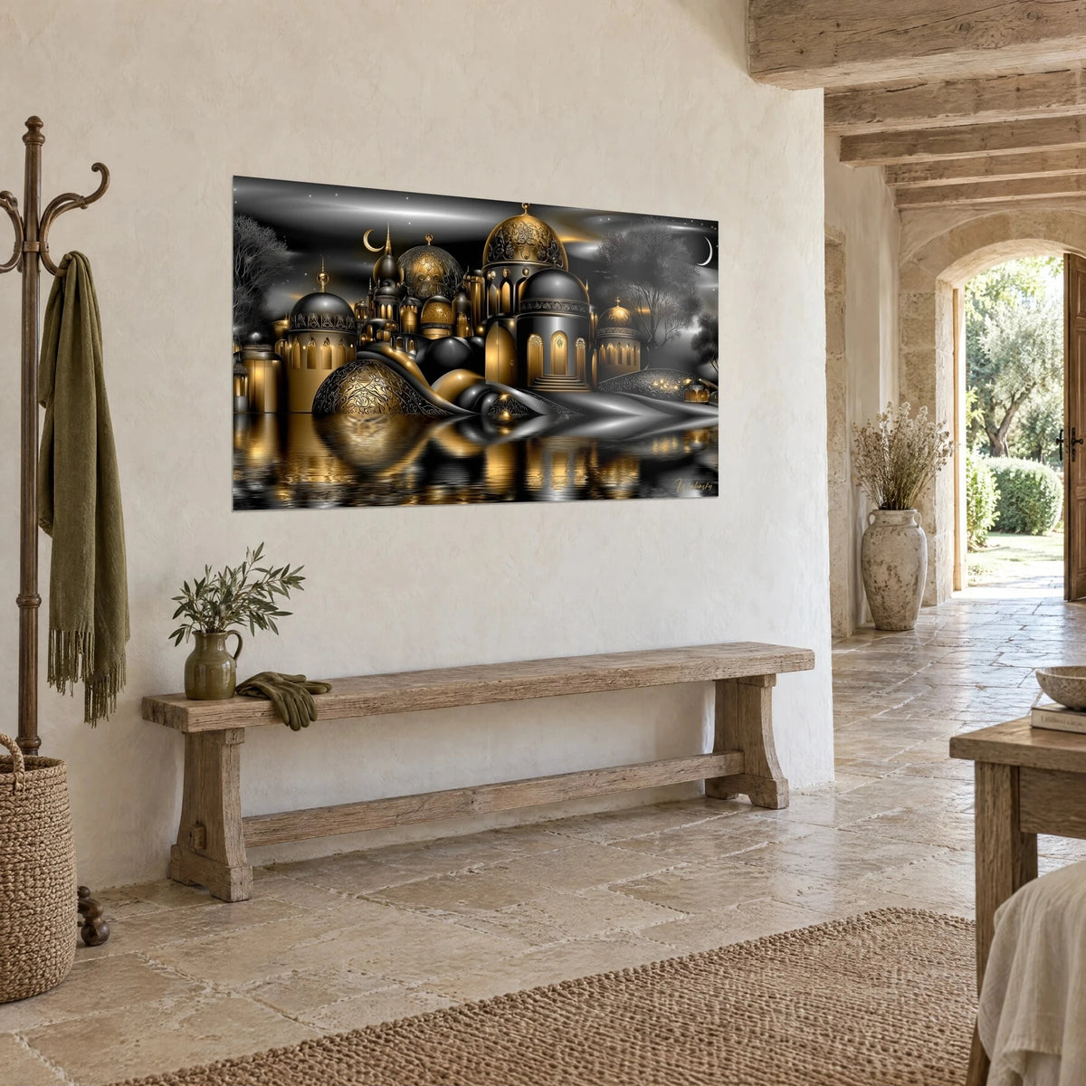 Wall art palace of a thousand and one nights with chiseled gold and anthracite domes, crescent moon, stone wall and wooden bench