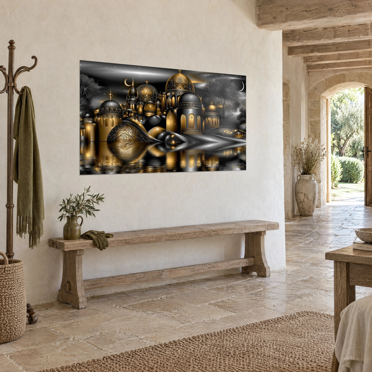 Quadro palazzo delle mille e una notte con cupole cesellate in oro e antracite, mezzaluna, muro di pietra e panca in legno