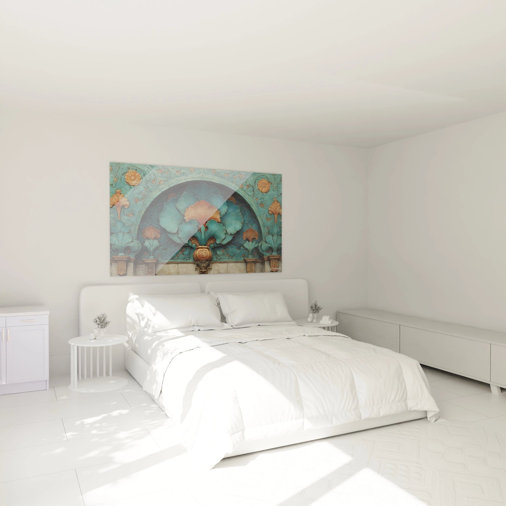 tableau art nouveau mural Walensky dans une chambre lumineuse minimaliste motifs floraux turquoise et doré