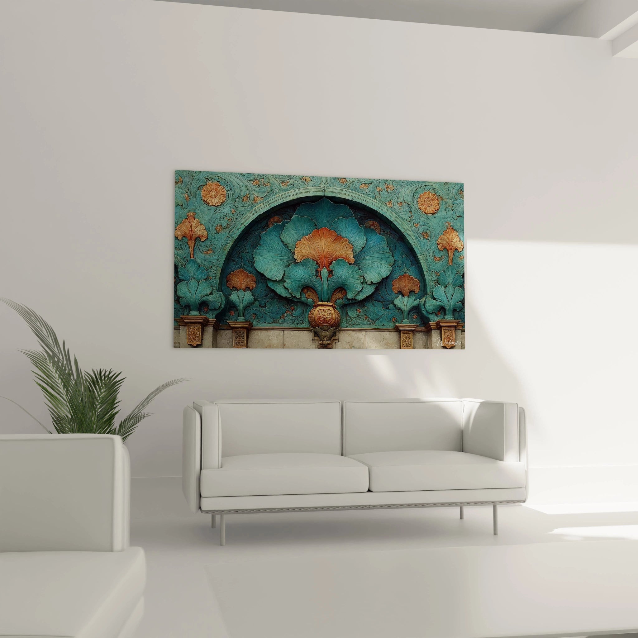 tableau art nouveau mural Walensky décor floral turquoise et orange panneau décoratif au dessus d un canapé blanc salon moderne