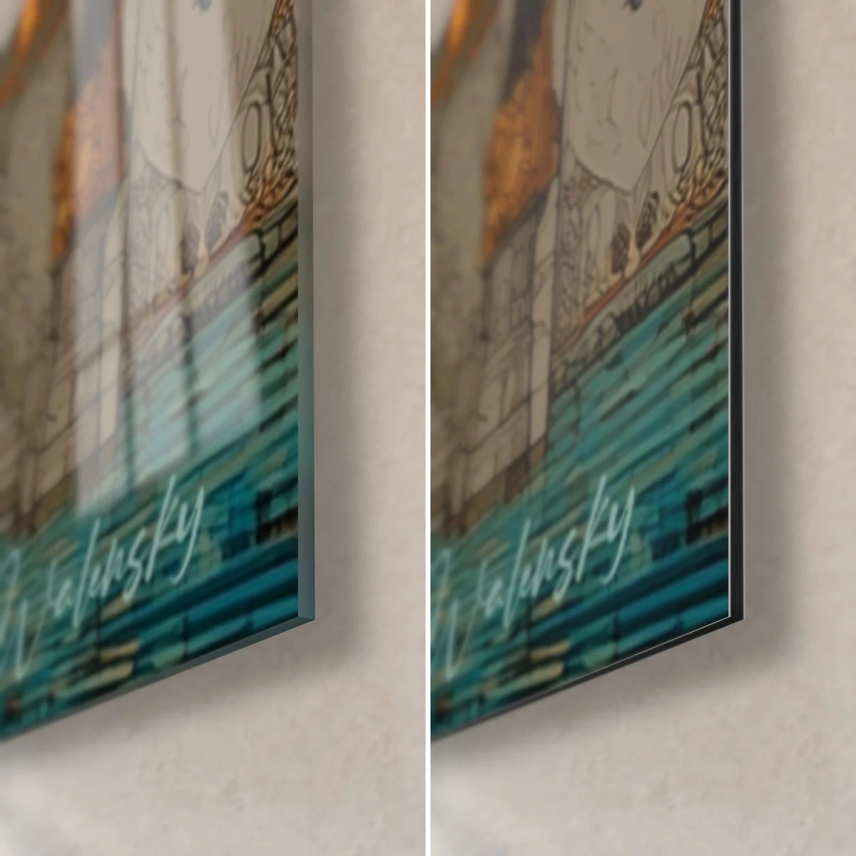 Gemälde orangefarbener Baum und türkisfarbene Kuppeln, untere rechte Ecke: glänzendes Acrylglas links, matte Dibond-Aluminium rechts, 3 mm Kante