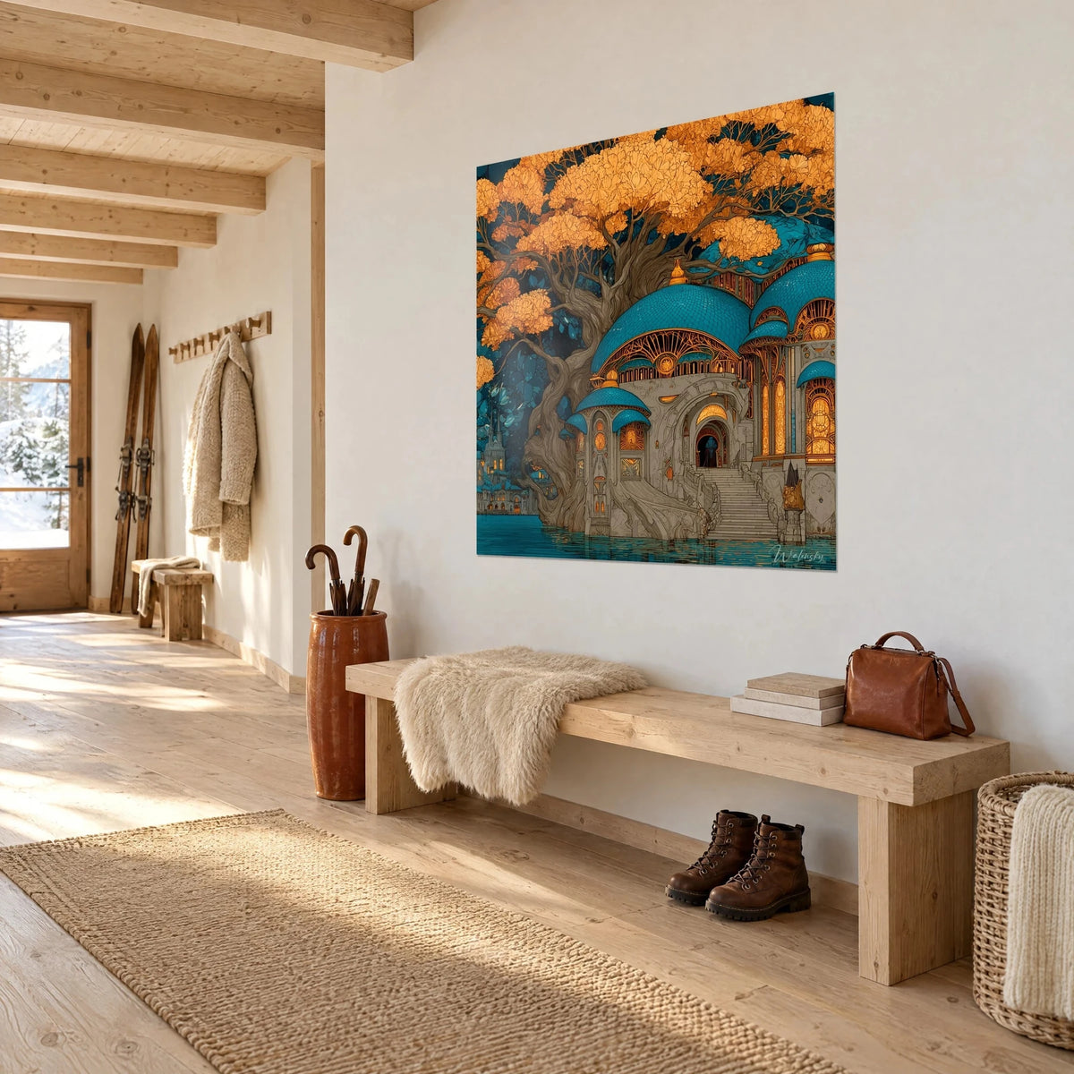 Gemälde Jugendstilbau mit entenblauen Schuppenkuppeln, ockerfarbenem Baum und goldenen Glasfenstern, im Dreiviertelblick in einem Chalet aufgehängt