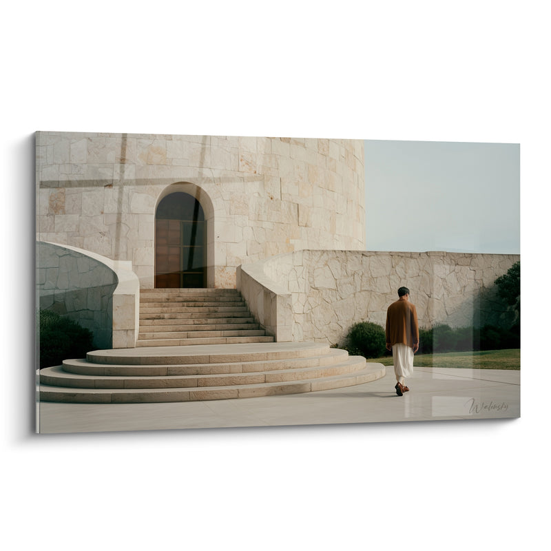 Tableau Bâtisse en pierre beige et silhouette ocre - Marche silencieuse - Edition Architecture