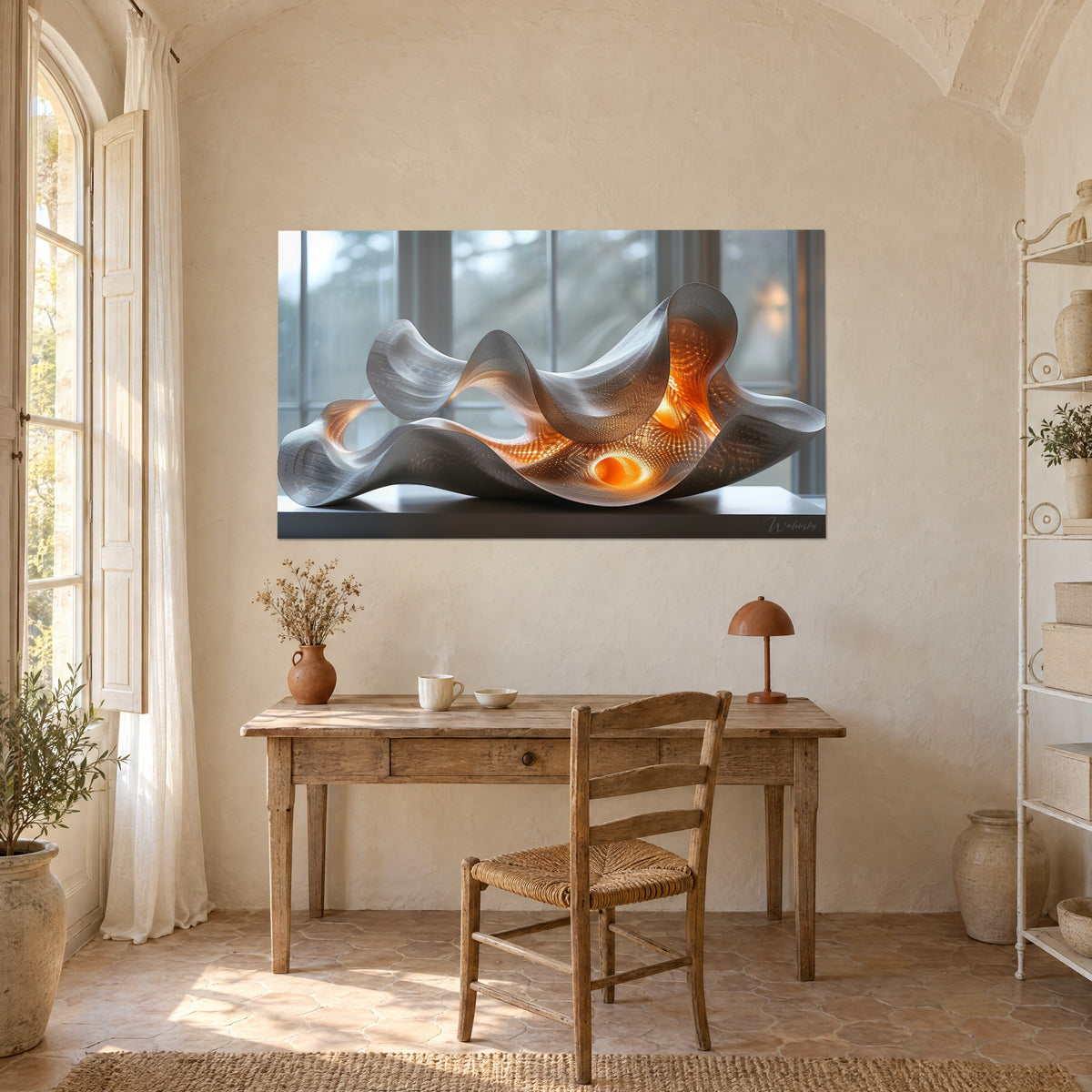 Wall art of a sculpted piece in openwork silver folds, orange glow and pearl grey, hung above a light wood desk