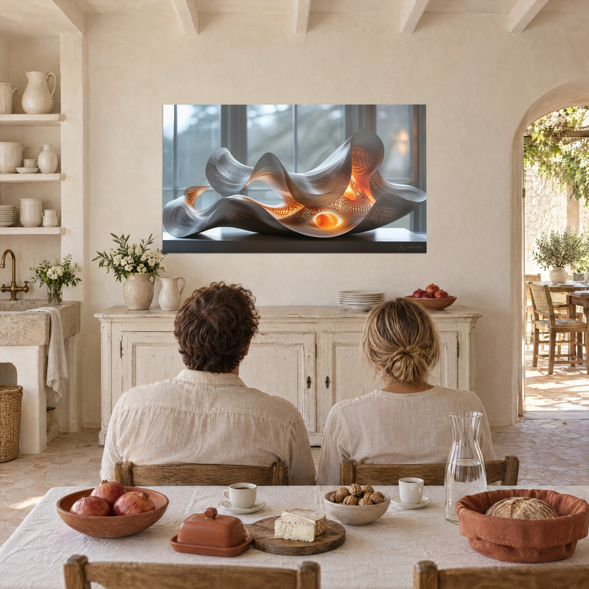 Wall art of a perforated steel wave glowing bright orange on a grey background, two diners seen from behind, vaulted dining room of the farmhouse