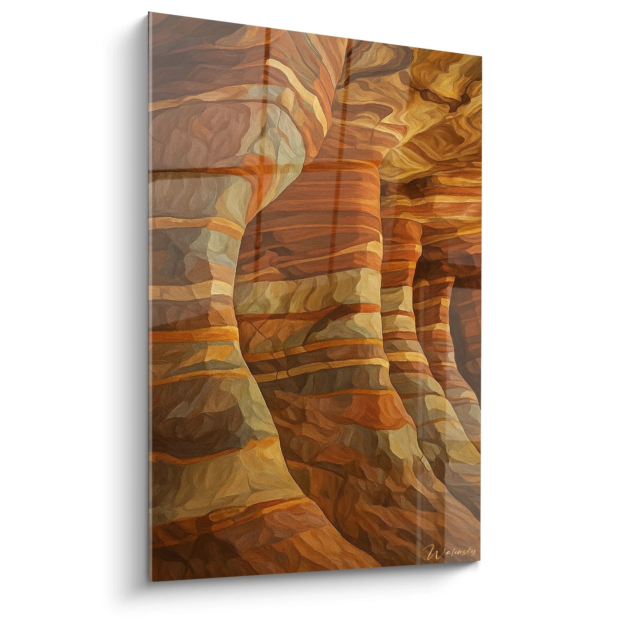  Un tableau canyon Tableau formations rocheuses capturant des couches sédimentaires superposées en teintes orangées, brunes et beiges. Les strates minérales forment des lignes courbes et sinueuses créant un effet de profondeur et de mouvement dans une vue aériennereprésentant des formations rocheuses aux strates horizontales et ondulantes, dans des tons orange, marron et beige, avec une texture rugueuse évoquant l'érosion géologique et une composition dynamique vue de haut.
