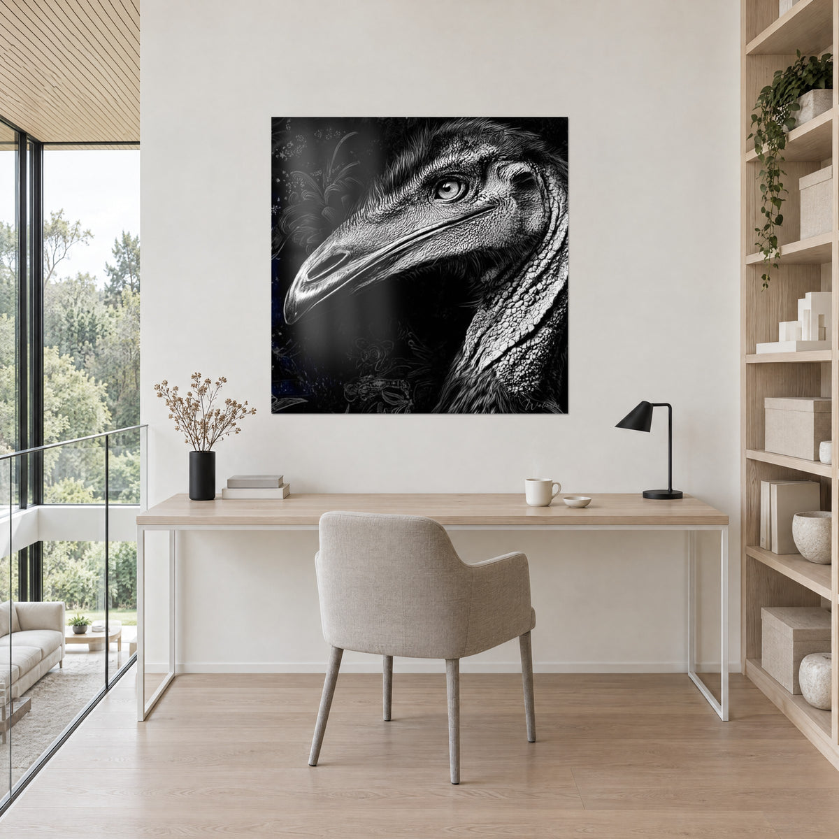 Gemälde eines riesigen Vogelkopfes, silberne Schraffuren auf blaustichig schwarzem Grund, gegenüber einem Schreibtisch aus hellem Holz und einem grauen Stuhl