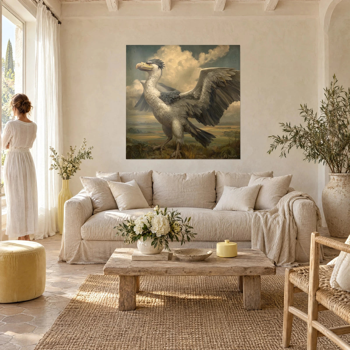 Gemälde Riesenvogel der Urzeit mit ausgebreiteten Flügeln, elfenbeinfarbenes und schiefergraues Gefieder, goldene Wolken, über einem Sofa in einem hellen Wohnzimmer