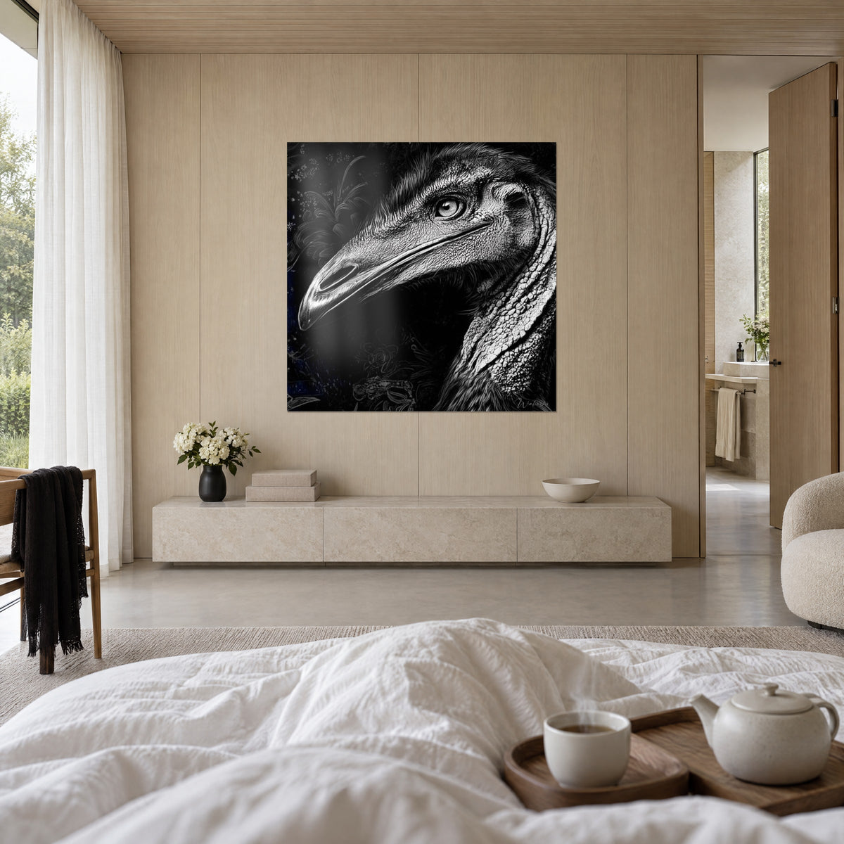 Gemälde Argentavis in Nahaufnahme, schwarzer Schnabel und perlgraue schuppige Haut vor dunklem Hintergrund, über einem Bett in einem hellen Schlafzimmer