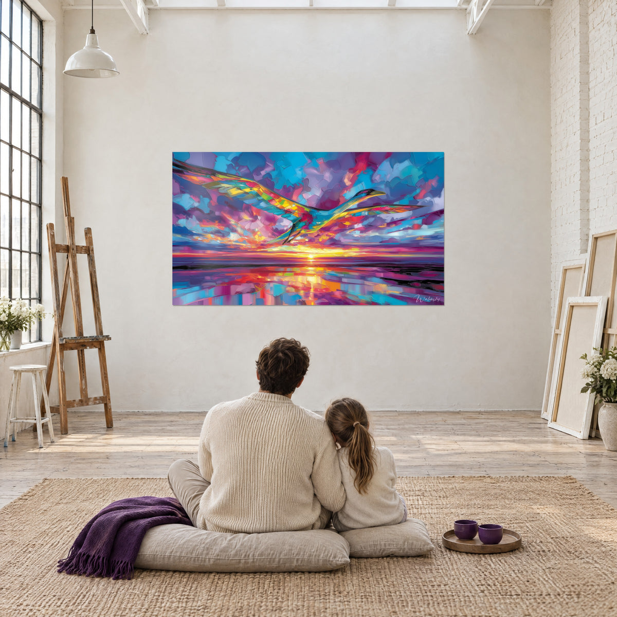 Schilderij stralende zeevogel in oranje en blauw, vlammende zonsondergang, een koppel van achteren zittend tegenover de muur van een loft