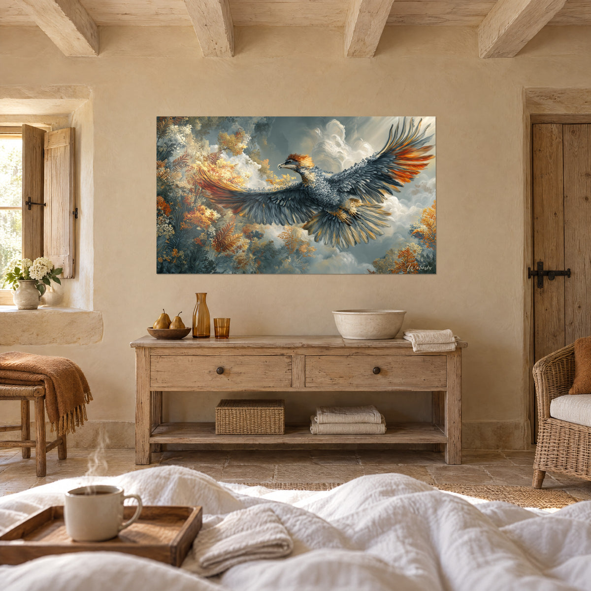 Quadro di un grande uccello in volo, apertura alare grigio acciaio orlata di piume ramate, nuvole bianche, sopra un letto in una camera luminosa