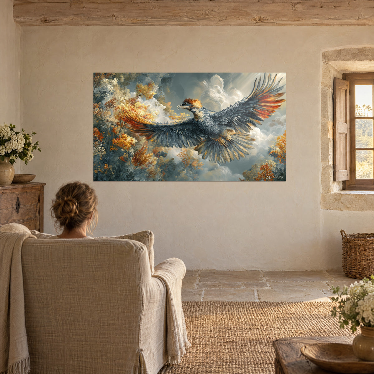 Quadro di un condor preistorico, becco adunco, cresta fulva, ali grigio-azzurre ampiamente aperte, sfondo di nuvole color crema, soggiorno di campagna