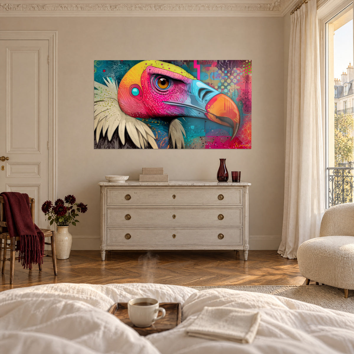 Wall art multicoloured bird of prey, amber eye ringed with blue, cream ruff, turquoise background, above a bed in a light bedroom