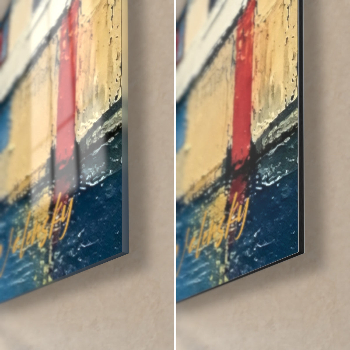 Empâtements épais mêlant jaune, rouge et bleu marine sur la façade d'une maison à colombages