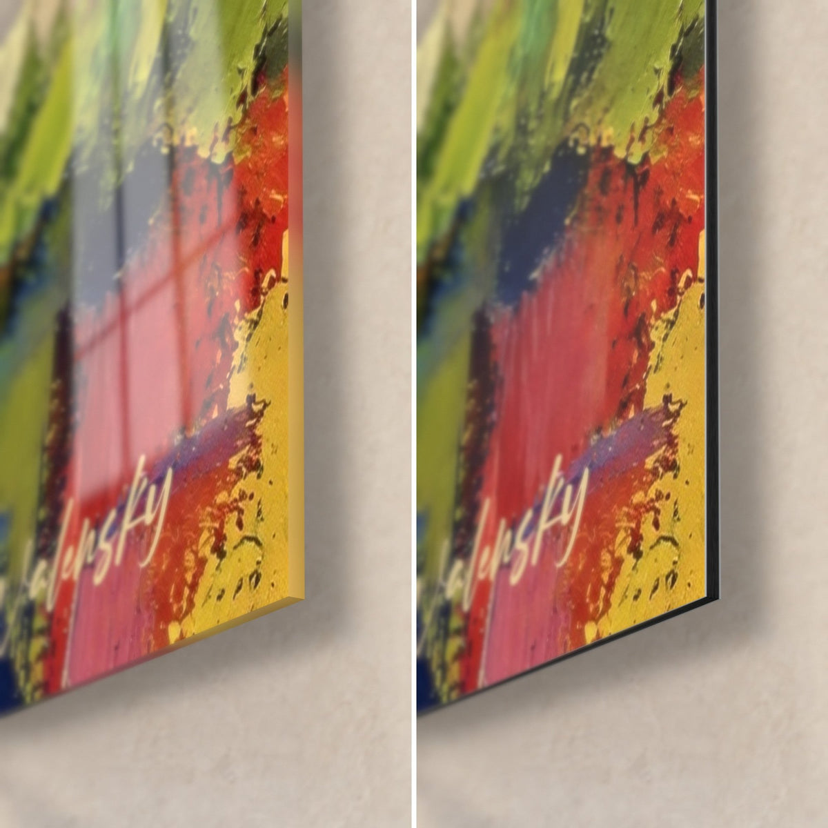 Wall art houses on the riverbank, bottom right corner: carmine red and yellow impasto, glossy glass on the left, matte Dibond on the right