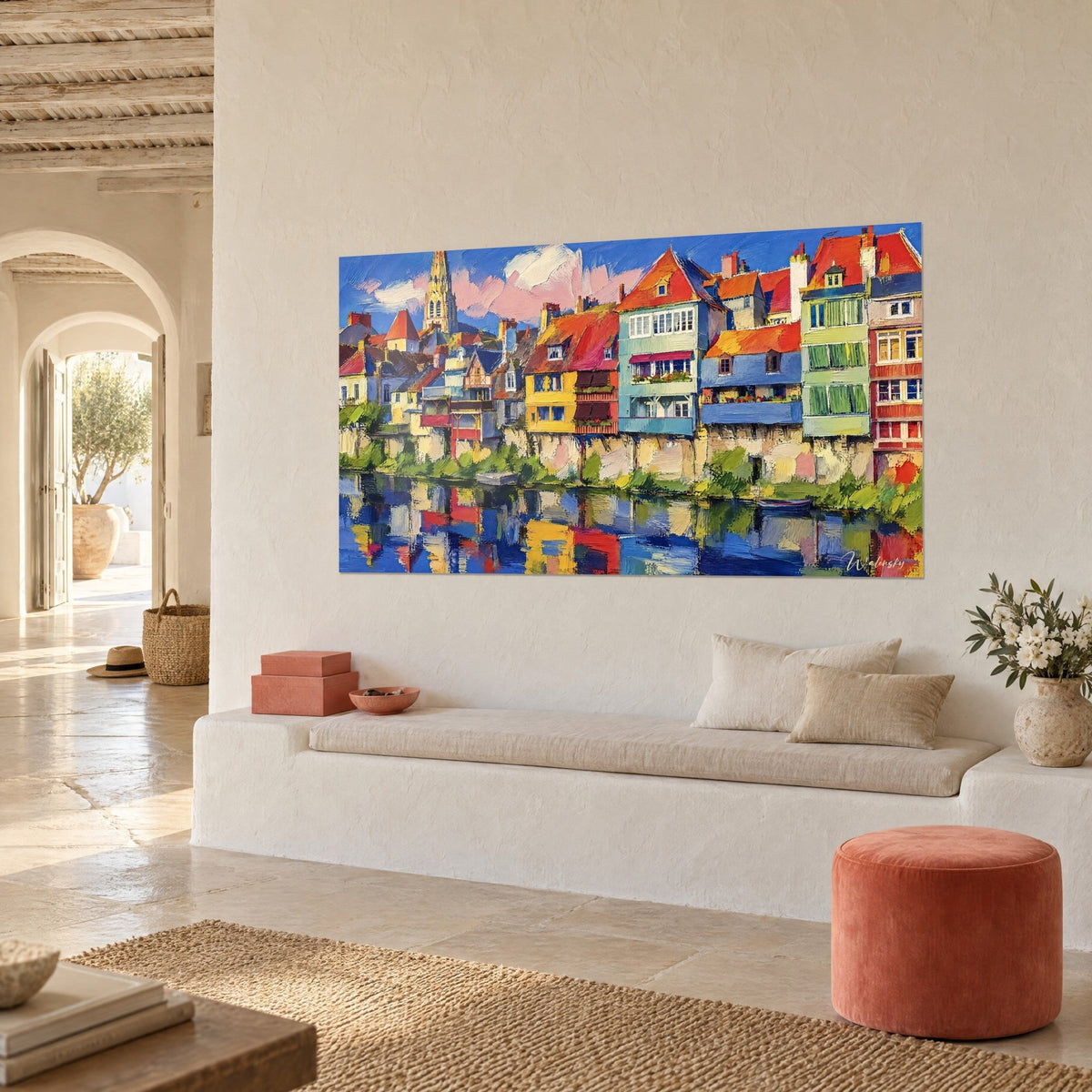 Wall art riverside town, turquoise and orange houses, gothic bell tower, pink sky, hung on a rendered wall, three-quarter view