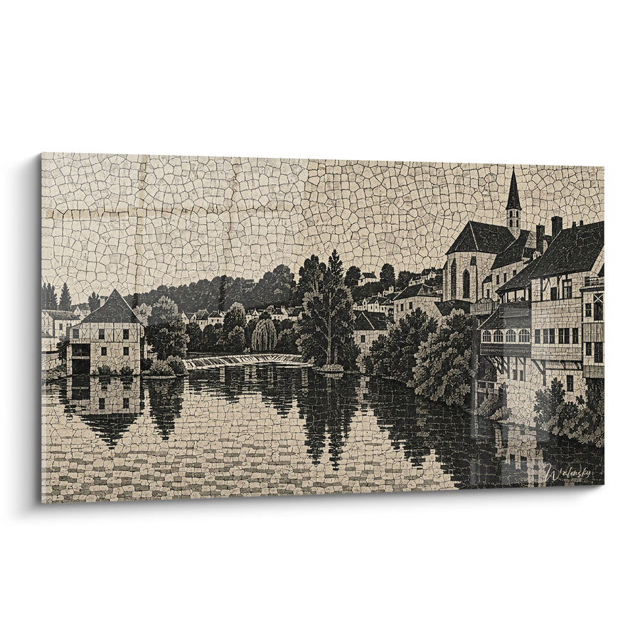 Painting Cracked Riverside Village Ivory Black - Memory of a River - Argenton-sur-Creuse Center-Val de Loire France Edition