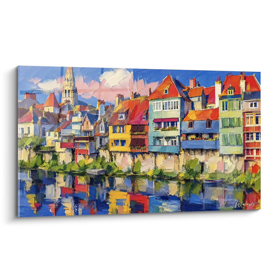 River Village Painting with Red and Yellow Facades - Evening Reflections - Argenton-sur-Creuse Edition, Centre-Val de Loire, France