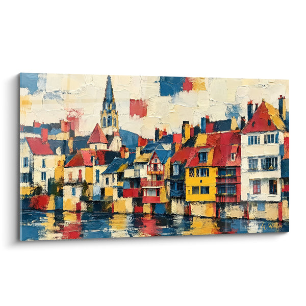 Tableau Village bord rivière maisons jaunes et rouges - Flânerie au fil de l'eau - Edition Argenton-sur-Creuse Centre-Val de Loire France