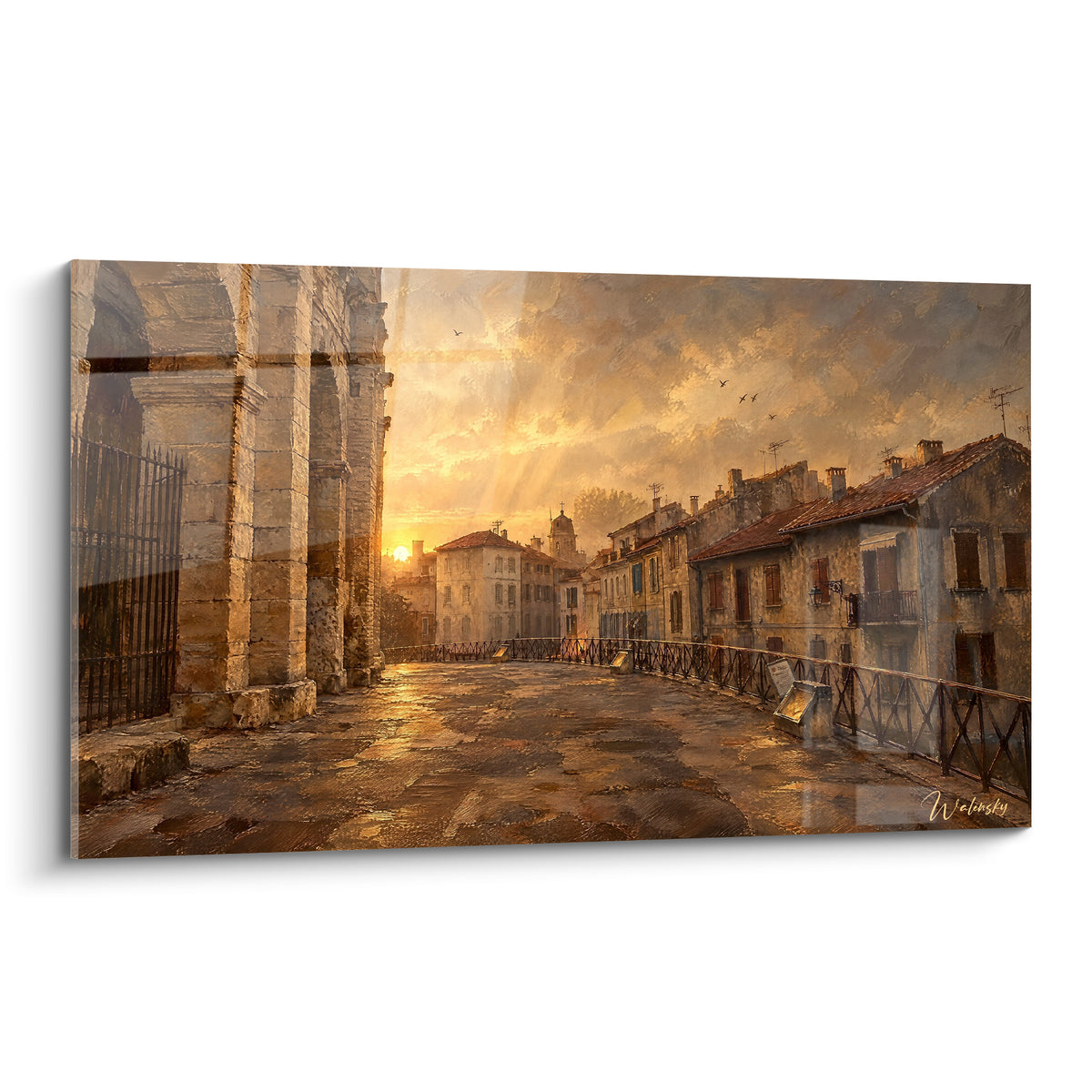 Schilderij Romeinse arena van Arles in beige steen en gouden lucht boven een okerkleurige geplaveide steeg