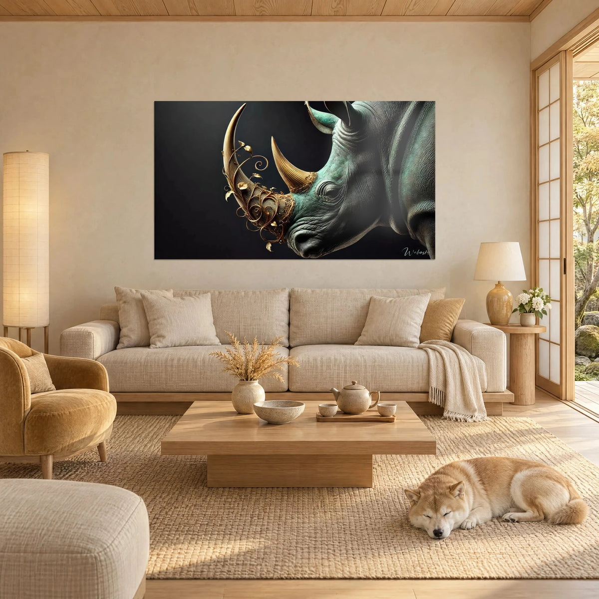 Wall art rhinoceros with golden scrollwork horns, verdigris skin on a black background, above a sofa in a bright living room