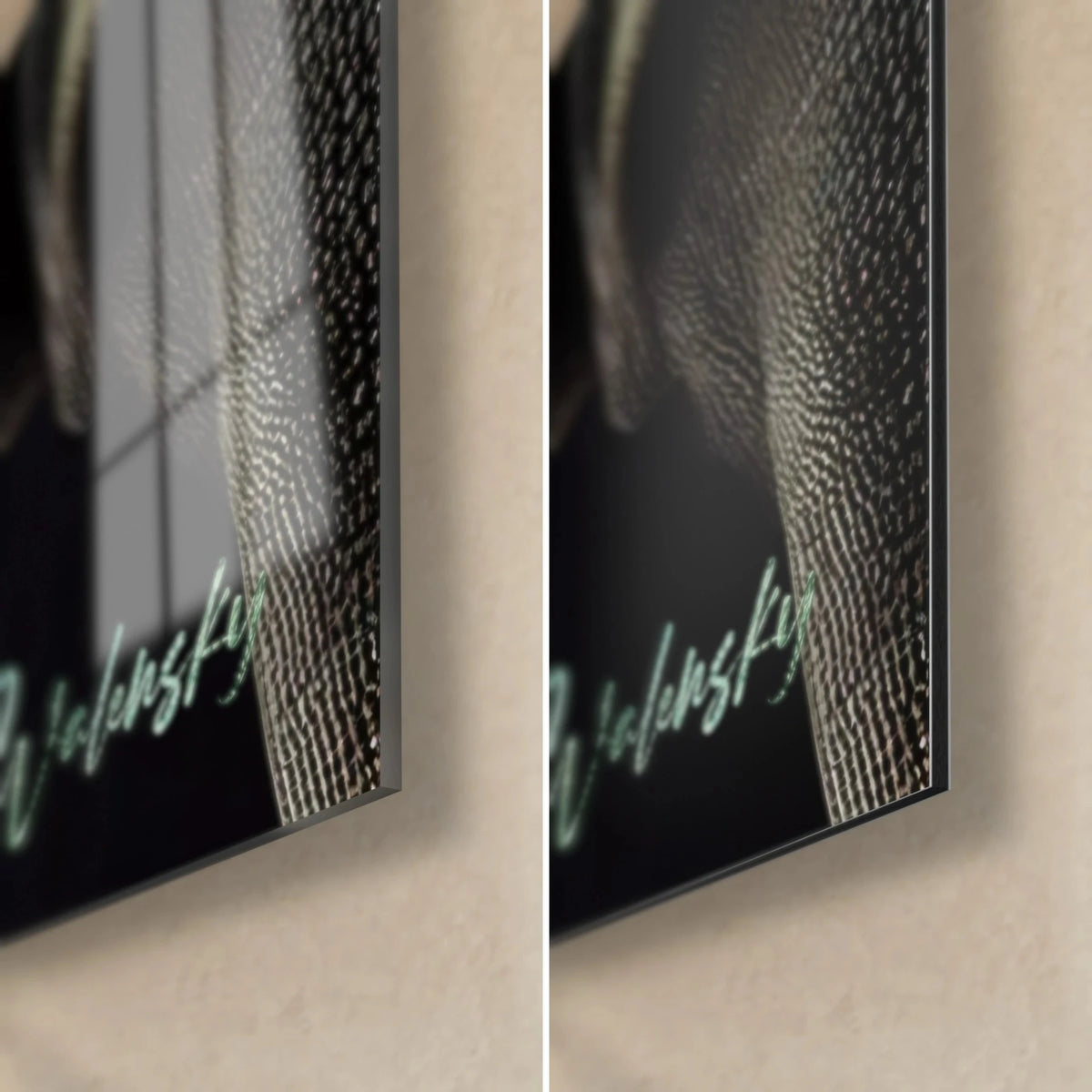 Wall art rhinoceros with golden scrollwork, bottom right corner: glossy acrylic glass with reflections and matt black Dibond aluminium, 3 mm edge