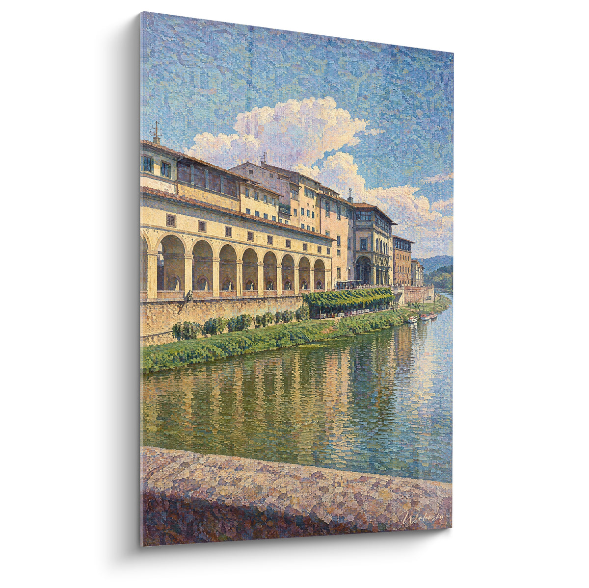 Tableau Arno Toscane Italie aux arcades ocre et eau turquoise sous ciel pastel